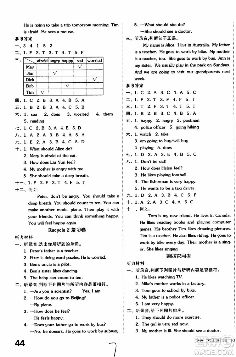 2019年全品小復(fù)習(xí)小學(xué)英語(yǔ)六年級(jí)上冊(cè)人教版RJ參考答案