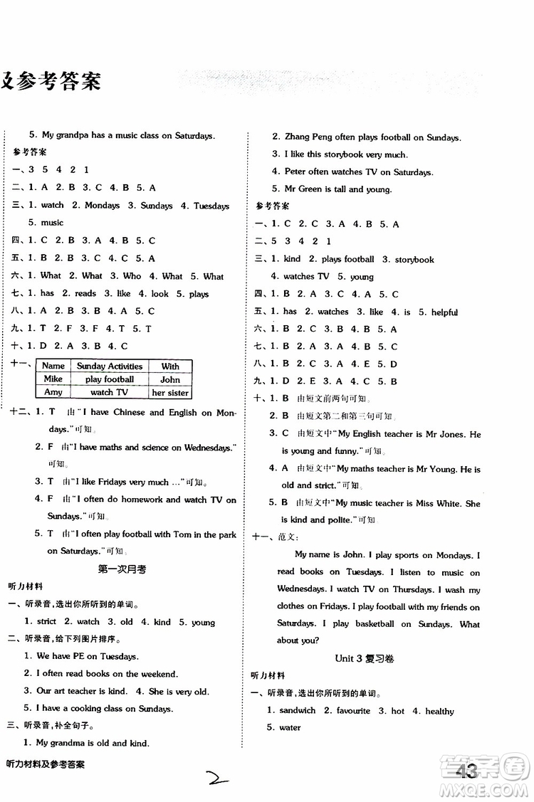 2019年全品小復(fù)習(xí)小學(xué)英語五年級上冊人教版RJ參考答案