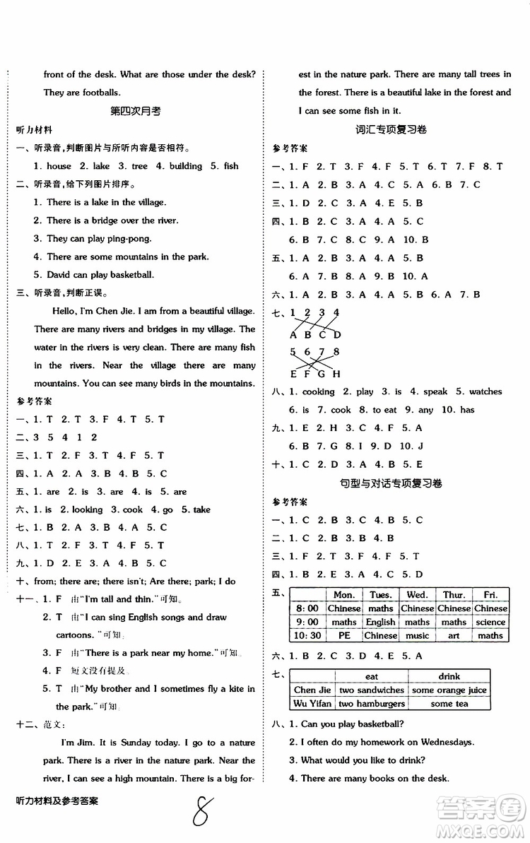 2019年全品小復(fù)習(xí)小學(xué)英語五年級上冊人教版RJ參考答案