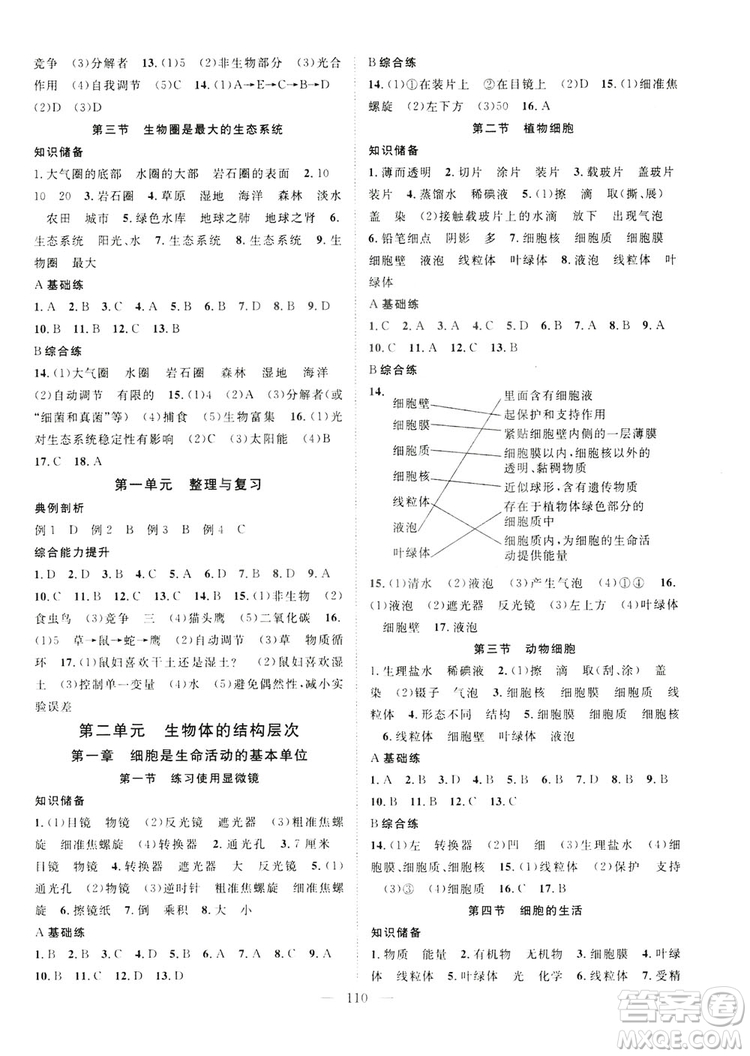 智慧萬羽2019名師學(xué)案分層進(jìn)階學(xué)習(xí)七年級生物上冊答案