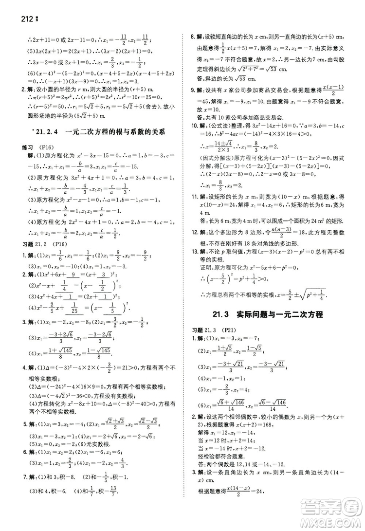 湖南教育出版社2020一本同步訓(xùn)練九年級(jí)數(shù)學(xué)上冊(cè)人教大版答案