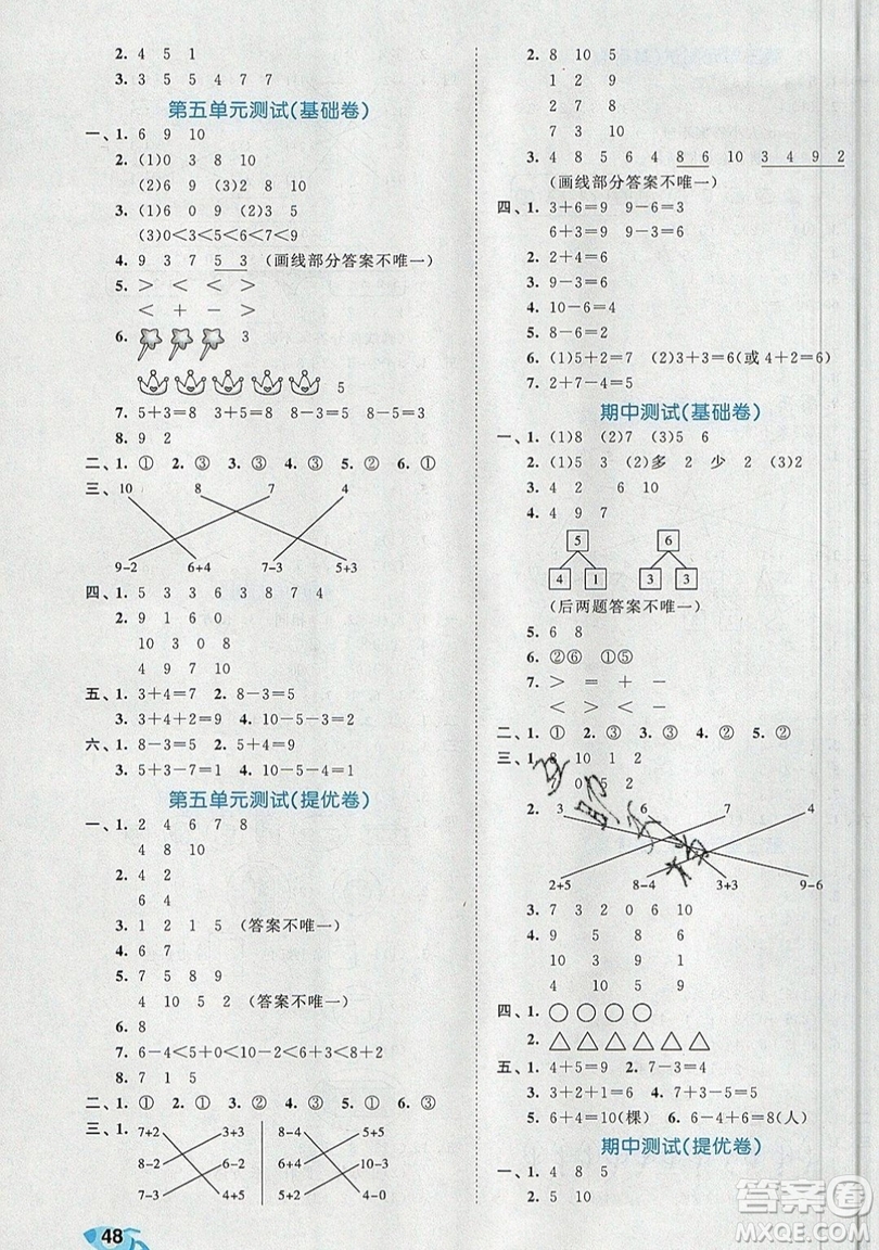 西安出版社小兒郎2019曲一線53全優(yōu)卷小學數(shù)學一年級上冊人教RJ版答案