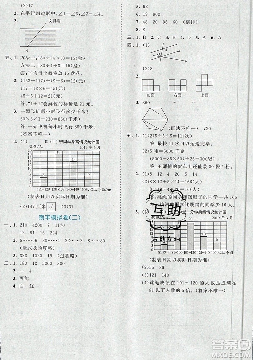 西安出版社小兒郎2019曲一線53全優(yōu)卷小學數(shù)學四年級上冊蘇教SJ版參考答案