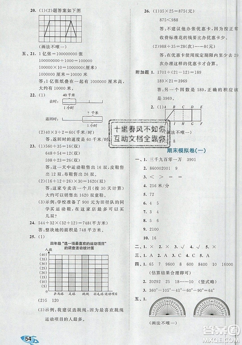 西安出版社小兒郎2019曲一線53全優(yōu)卷小學數(shù)學四年級上冊人教RJ版答案