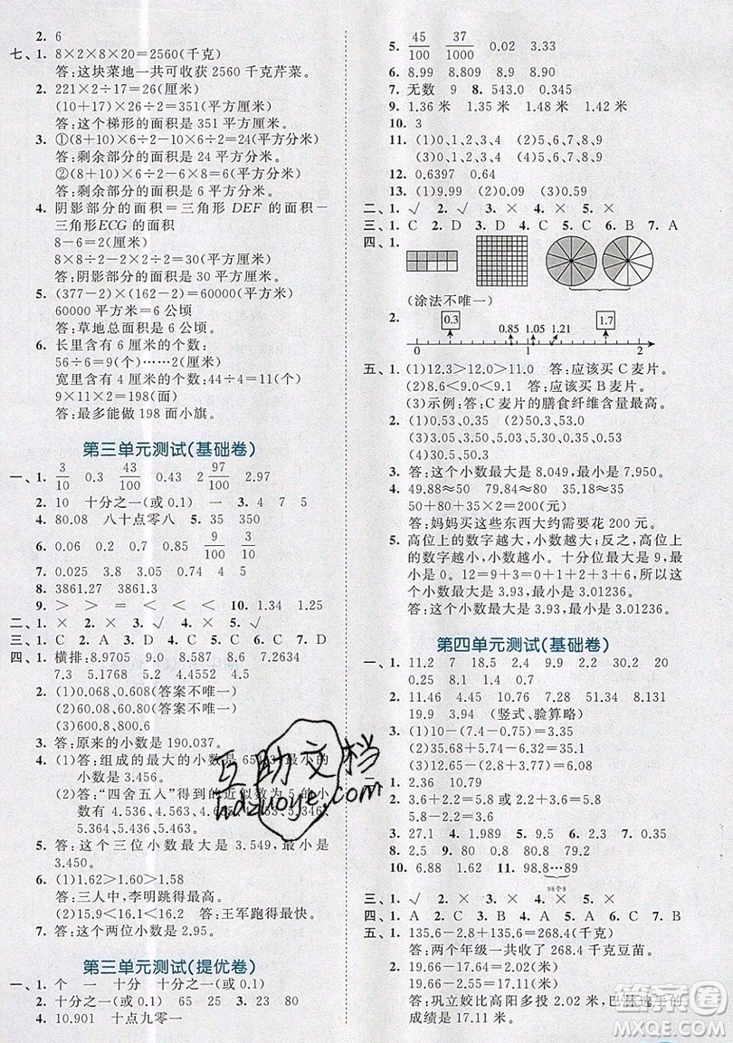 西安出版社小兒郎2019曲一線53全優(yōu)卷小學(xué)數(shù)學(xué)五年級上冊蘇教SJ版參考答案