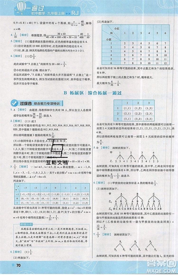 天星教育2020版初中數(shù)學(xué)一遍過九年級(jí)上RJ版人教版參考答案