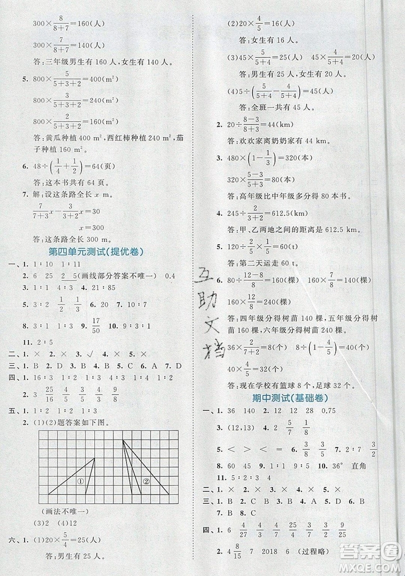 西安出版社小兒郎2019曲一線53全優(yōu)卷小學(xué)數(shù)學(xué)六年級上冊人教RJ版答案