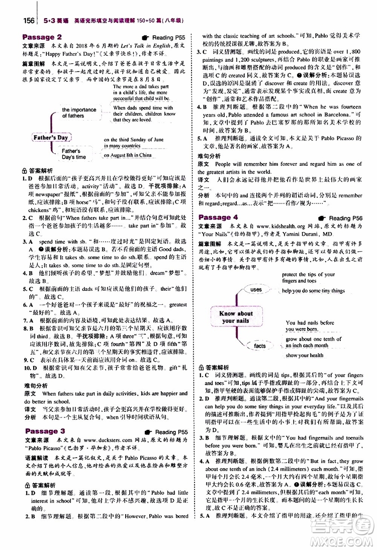 曲一線2020版53英語八年級(jí)通用版英語完形填空與閱讀理解150+50篇參考答案