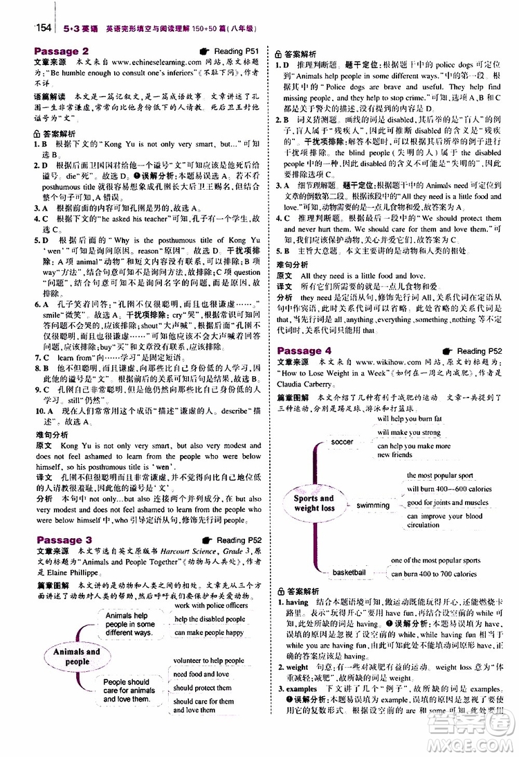 曲一線2020版53英語八年級(jí)通用版英語完形填空與閱讀理解150+50篇參考答案