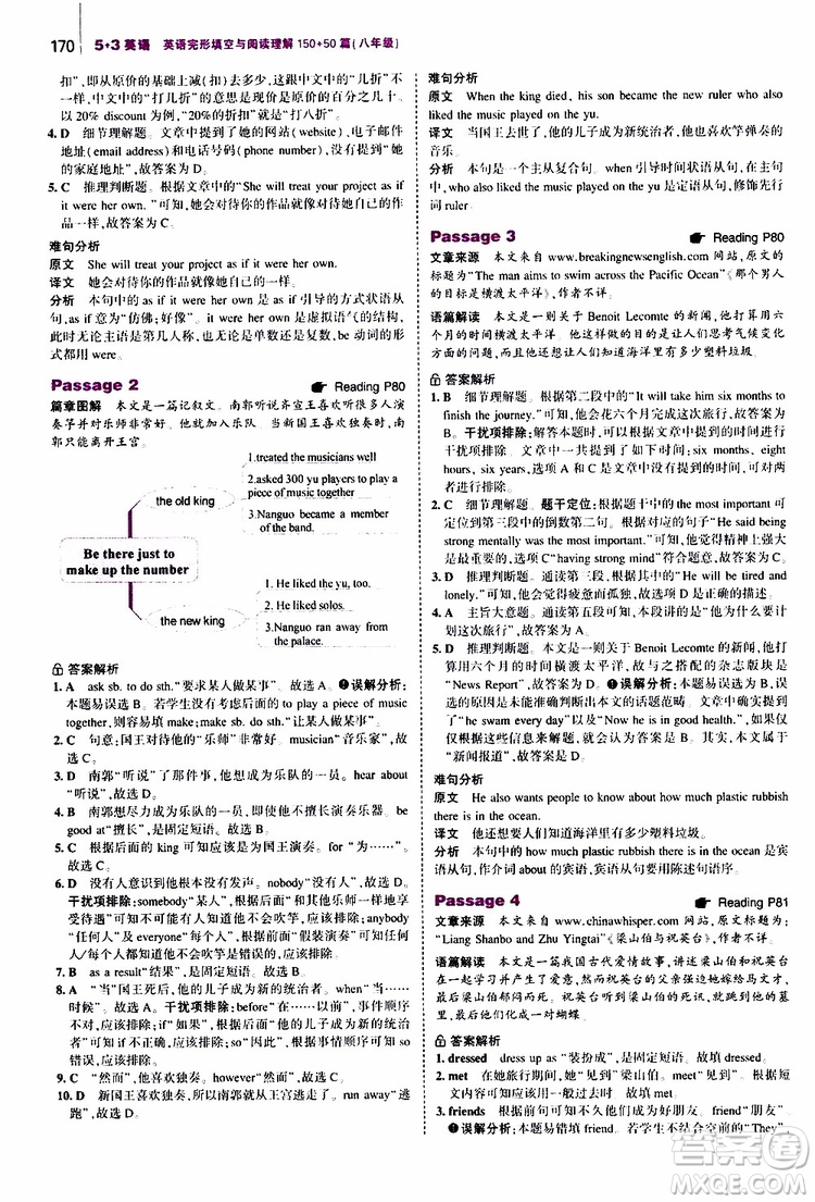 曲一線2020版53英語八年級(jí)通用版英語完形填空與閱讀理解150+50篇參考答案