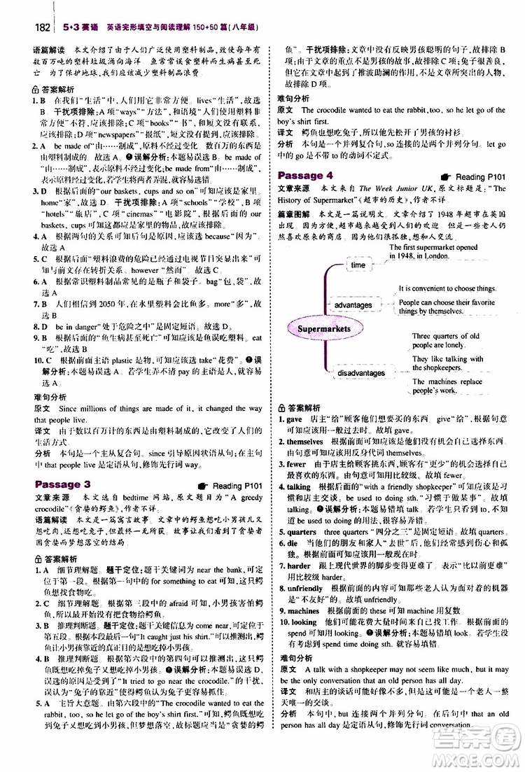 曲一線2020版53英語八年級(jí)通用版英語完形填空與閱讀理解150+50篇參考答案