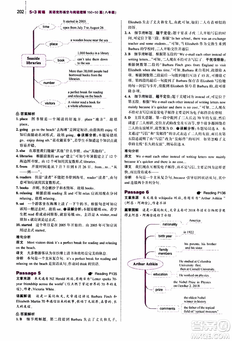 曲一線2020版53英語八年級(jí)通用版英語完形填空與閱讀理解150+50篇參考答案