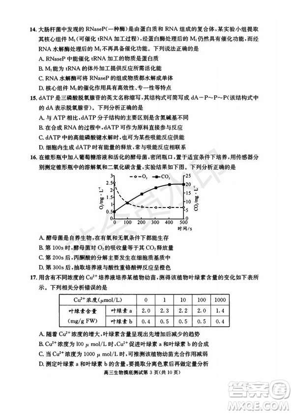 成都市2017級(jí)高中畢業(yè)班摸底測(cè)試生物試題及答案