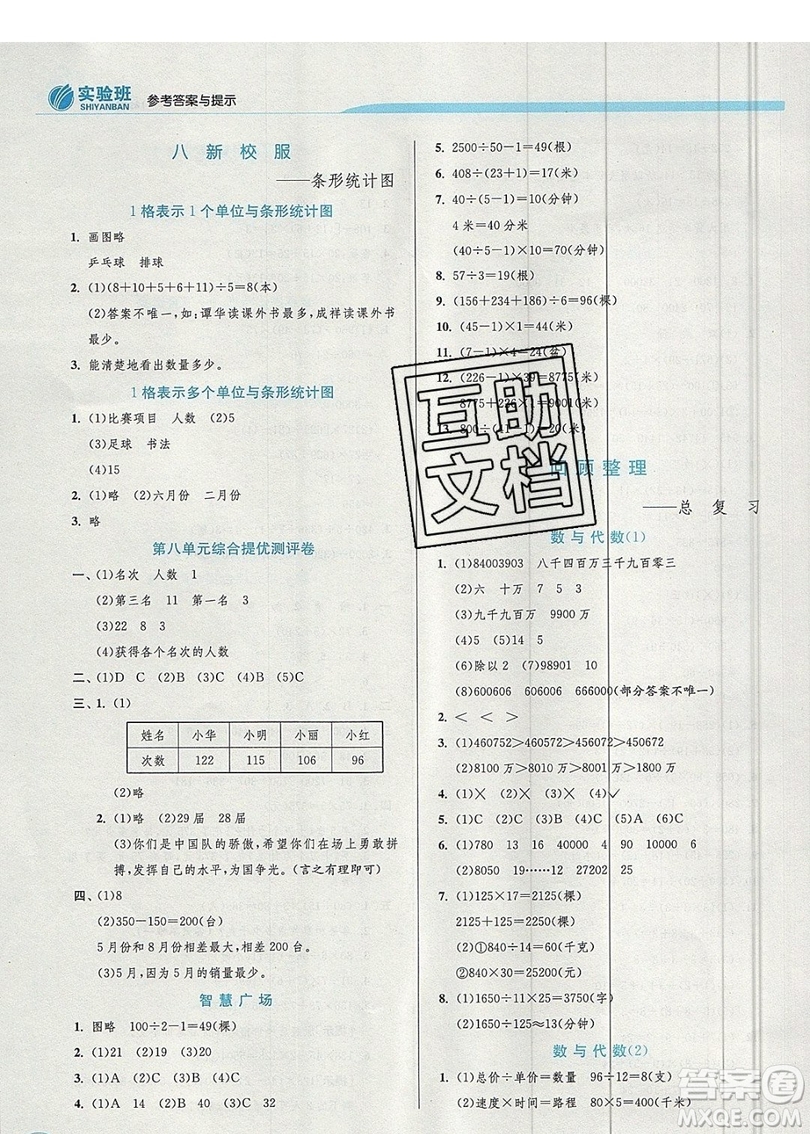 江蘇人民出版社春雨教育2019秋實(shí)驗(yàn)班提優(yōu)訓(xùn)練四年級(jí)數(shù)學(xué)上冊(cè)QD青島版參考答案