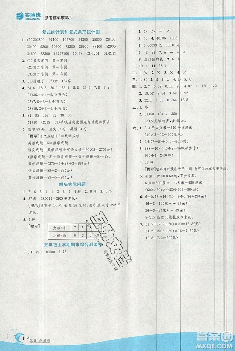 江蘇人民出版社春雨教育2019秋實驗班提優(yōu)訓(xùn)練五年級數(shù)學(xué)上冊JSJY蘇教版參考答案