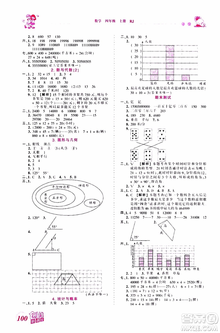 2019秋王朝霞創(chuàng)維新課堂小學四年級上冊數(shù)學RJ人教版參考答案