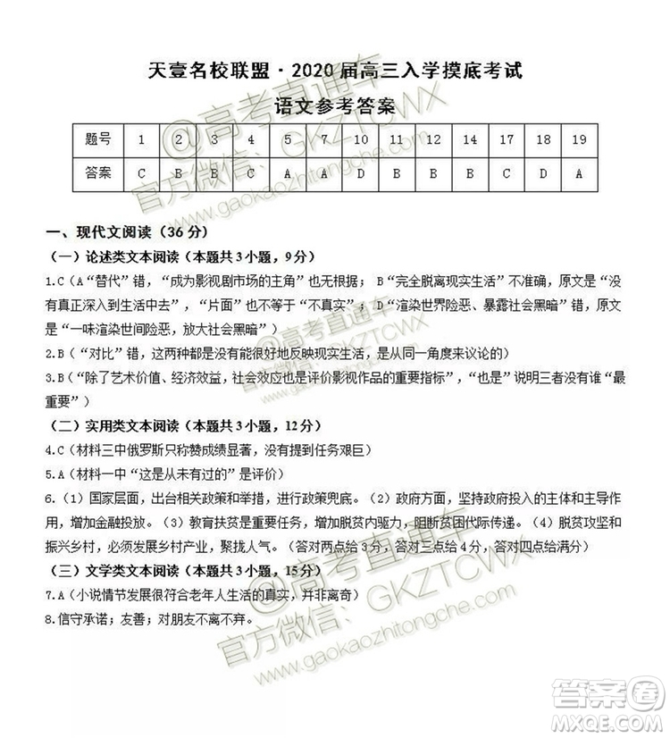 2020屆湖南天壹名校聯(lián)盟入學(xué)摸底考語(yǔ)文試題及答案