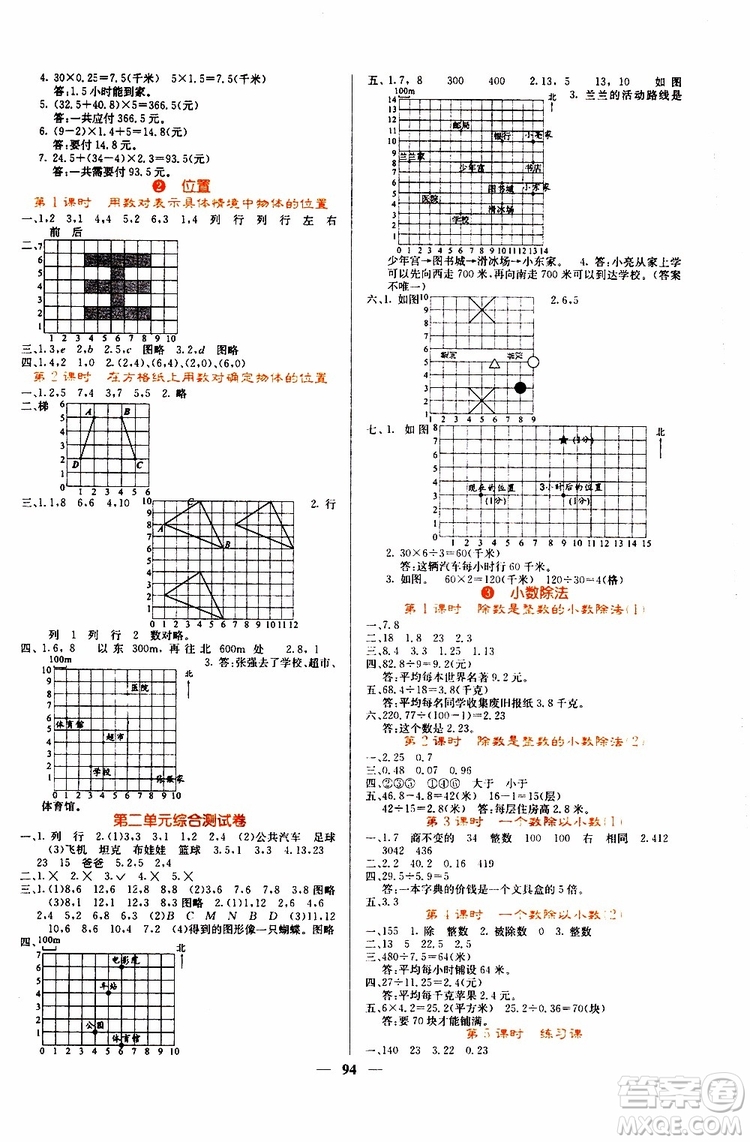 沈陽出版社2019年課堂點(diǎn)睛數(shù)學(xué)五年級上冊人教版參考答案