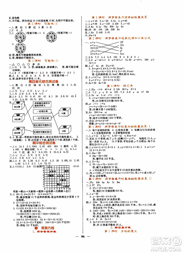 沈陽出版社2019年課堂點(diǎn)睛數(shù)學(xué)五年級上冊人教版參考答案