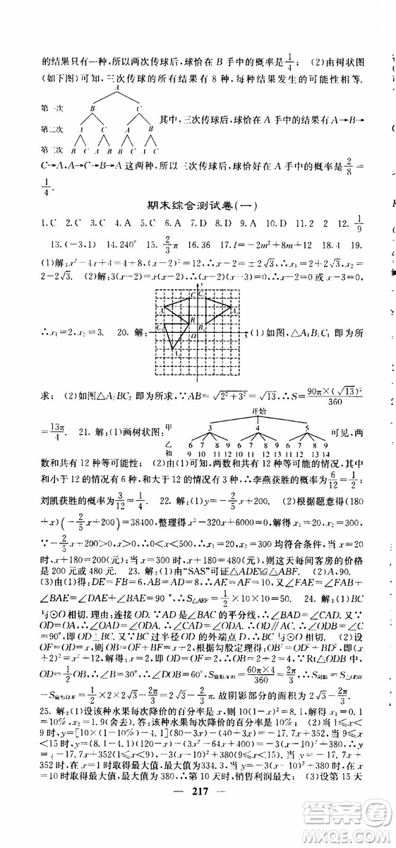 四川大學出版社2019年課堂點睛數(shù)學九年級上冊人教版參考答案