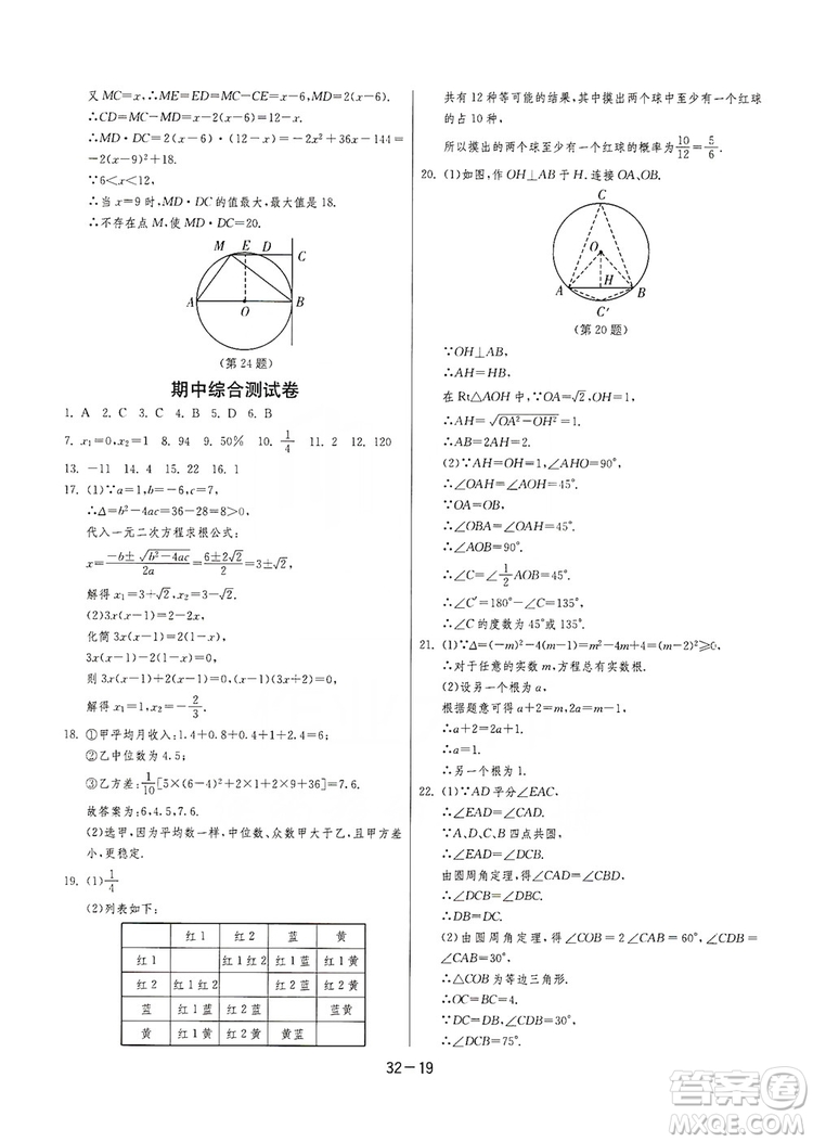 春雨教育2020升級版1課3練單元達標測試九年級數(shù)學江蘇版JSJY答案