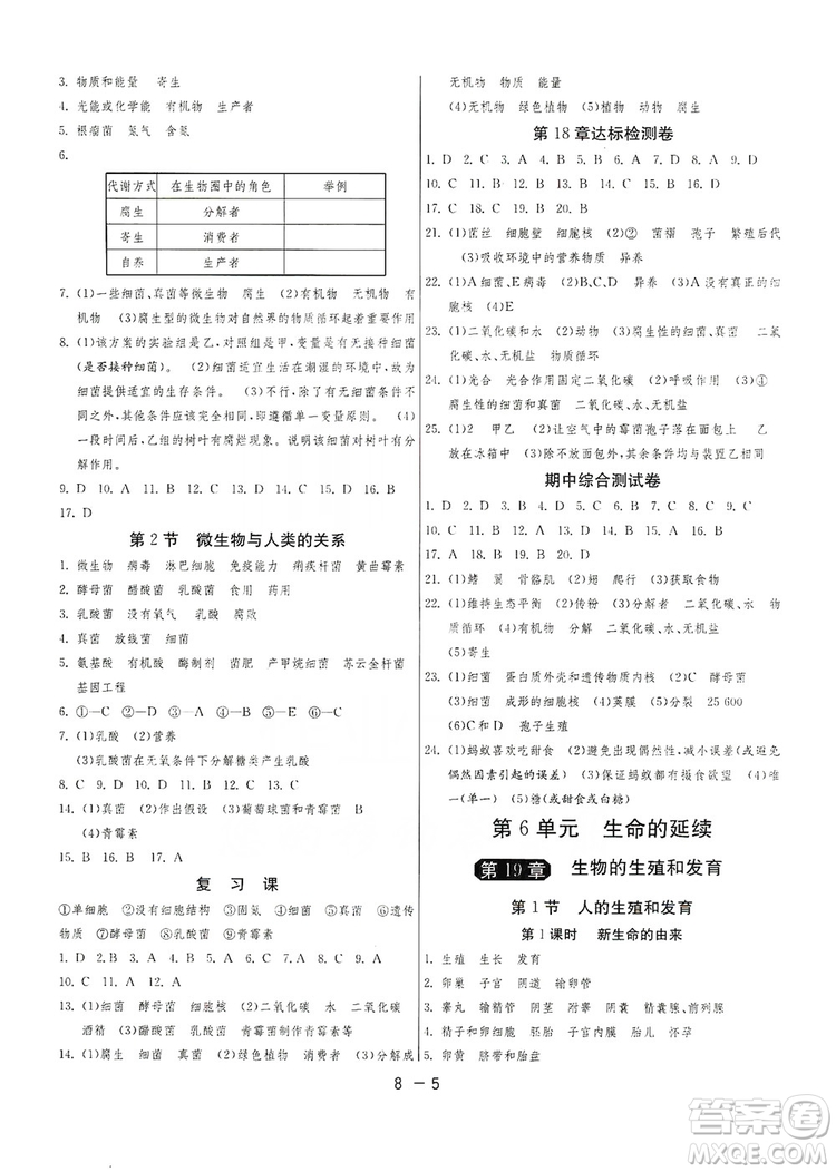 2019春雨教育1課3練單元達標測試8年級上冊生物學北師大BSD版答案