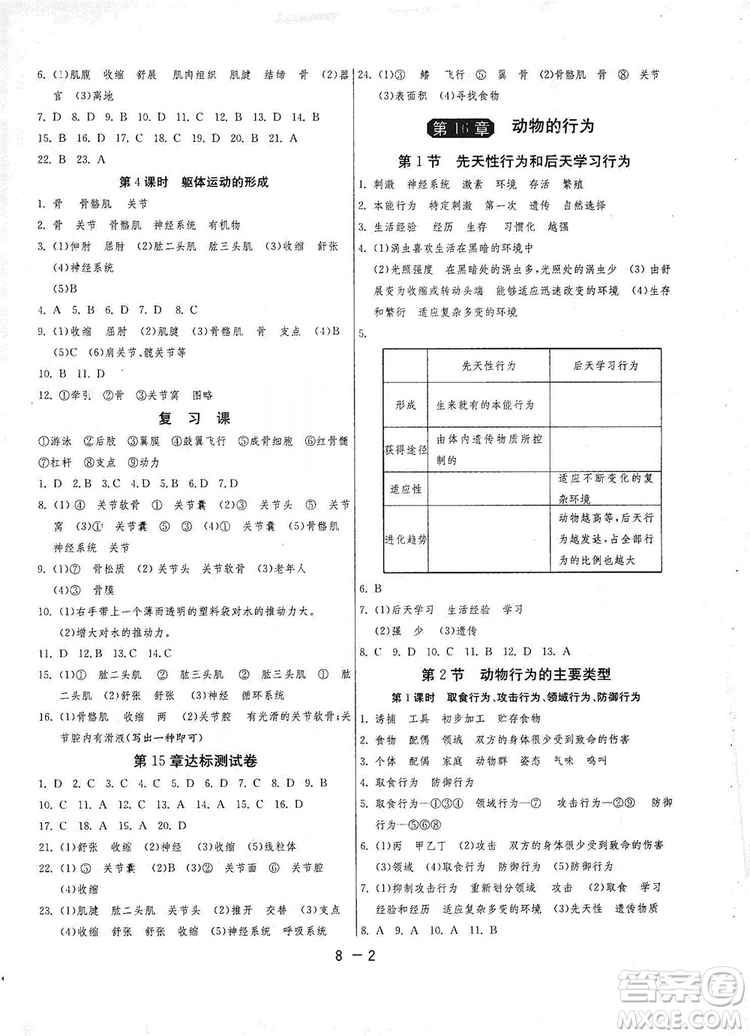 2019春雨教育1課3練單元達標測試8年級上冊生物學北師大BSD版答案