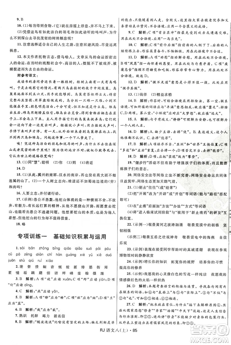 2019奪冠百分百初中優(yōu)化測試卷八年級語文上冊答案