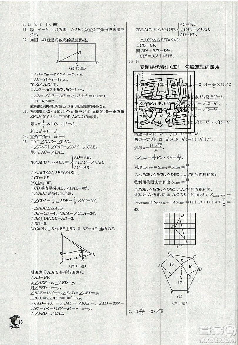 江蘇人民出版社春雨教育2019秋實(shí)驗(yàn)班提優(yōu)訓(xùn)練八年級數(shù)學(xué)上冊ZJJY浙教版參考答案