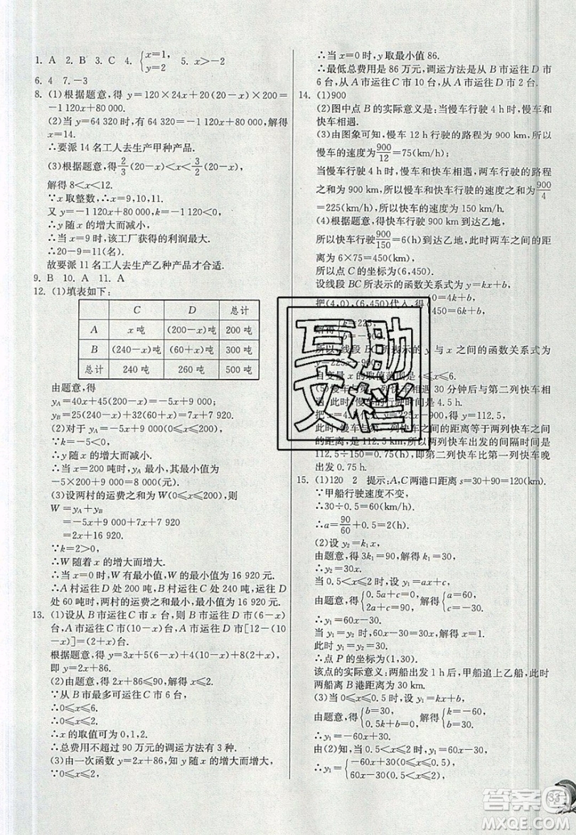 江蘇人民出版社春雨教育2019秋實(shí)驗(yàn)班提優(yōu)訓(xùn)練八年級數(shù)學(xué)上冊ZJJY浙教版參考答案