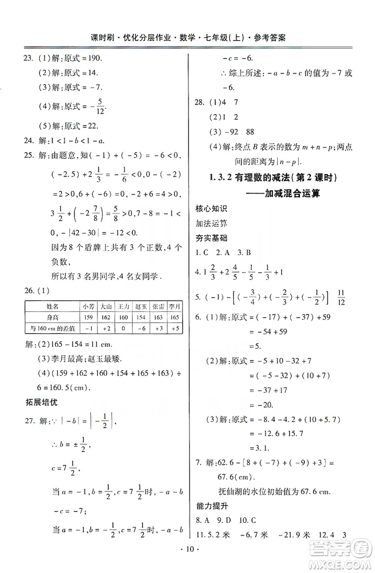 馳逐文化2019課時(shí)刷優(yōu)化分層作業(yè)7年級數(shù)學(xué)上冊答案