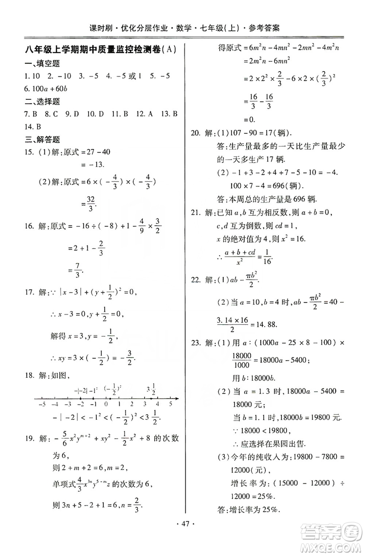 馳逐文化2019課時(shí)刷優(yōu)化分層作業(yè)7年級數(shù)學(xué)上冊答案