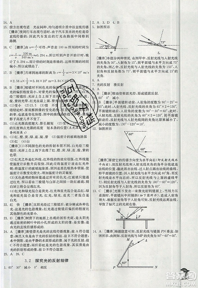 江蘇人民出版社春雨教育2019秋實(shí)驗(yàn)班提優(yōu)訓(xùn)練八年級(jí)物理上冊HY滬粵版參考答案