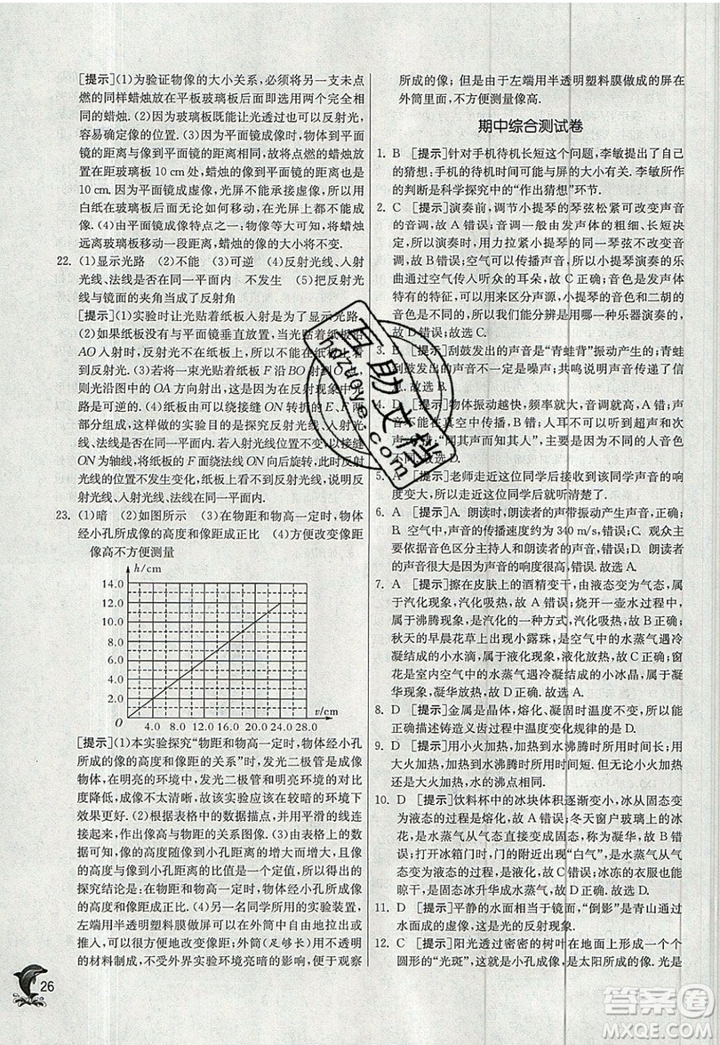 江蘇人民出版社春雨教育2019秋實(shí)驗(yàn)班提優(yōu)訓(xùn)練八年級(jí)物理上冊(cè)JSKJ蘇教版參考答案