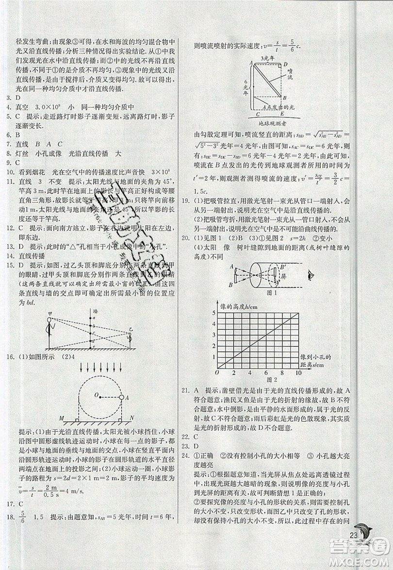 江蘇人民出版社春雨教育2019秋實(shí)驗(yàn)班提優(yōu)訓(xùn)練八年級物理上冊BSD北師大版參考答案