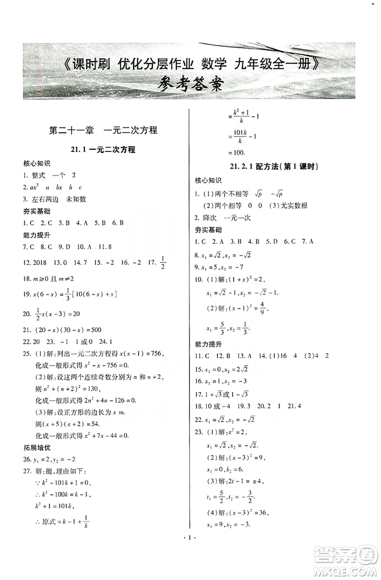 馳逐文化2019課時刷優(yōu)化分層作業(yè)九年級數(shù)學(xué)全一冊答案