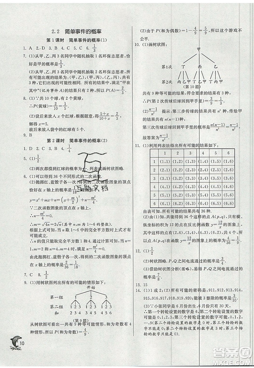 江蘇人民出版社春雨教育2019秋實(shí)驗(yàn)班提優(yōu)訓(xùn)練九年級數(shù)學(xué)上冊ZJJY浙教版參考答案