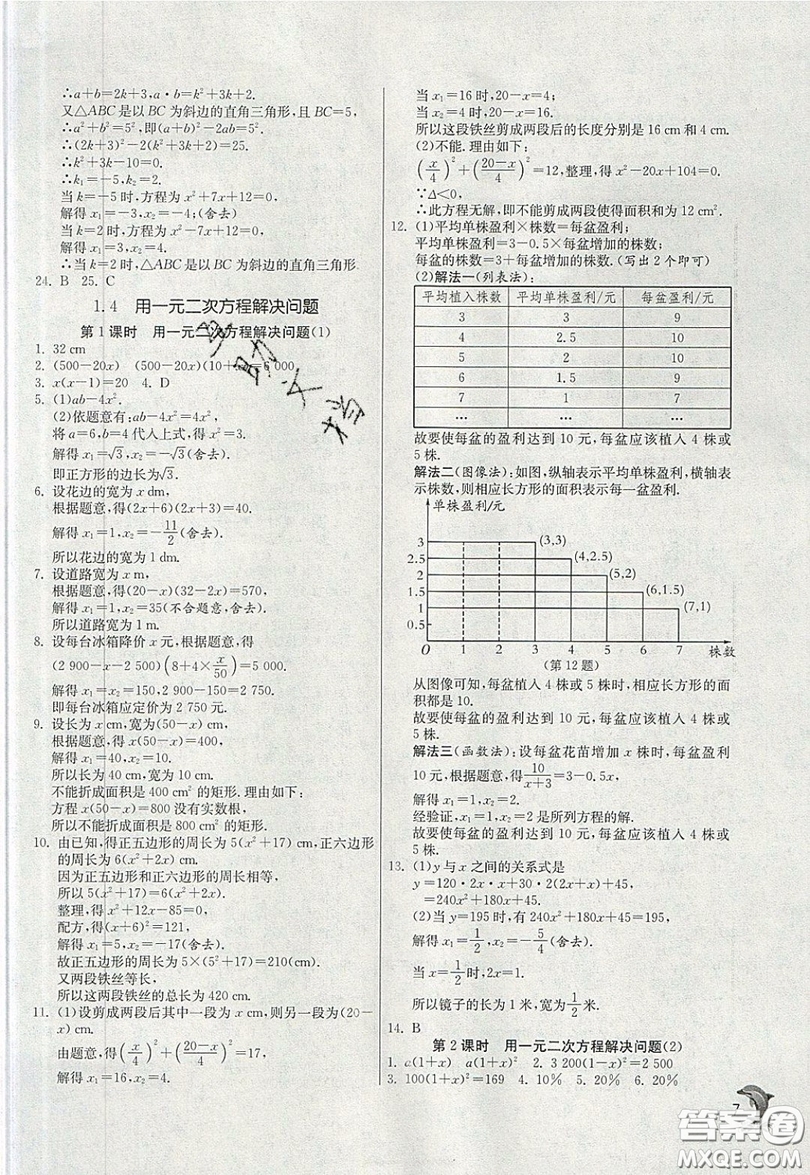 江蘇人民出版社春雨教育2019秋實(shí)驗(yàn)班提優(yōu)訓(xùn)練九年級數(shù)學(xué)上冊JSKJ蘇科版參考答案