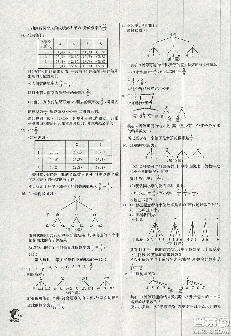 江蘇人民出版社春雨教育2019秋實(shí)驗(yàn)班提優(yōu)訓(xùn)練九年級數(shù)學(xué)上冊JSKJ蘇科版參考答案