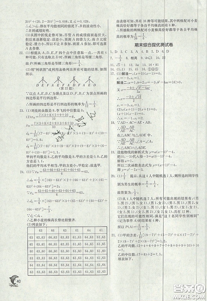 江蘇人民出版社春雨教育2019秋實(shí)驗(yàn)班提優(yōu)訓(xùn)練九年級數(shù)學(xué)上冊JSKJ蘇科版參考答案