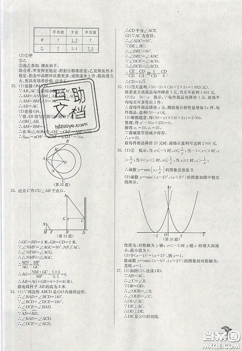 江蘇人民出版社春雨教育2019秋實(shí)驗(yàn)班提優(yōu)訓(xùn)練九年級數(shù)學(xué)上冊JSKJ蘇科版參考答案