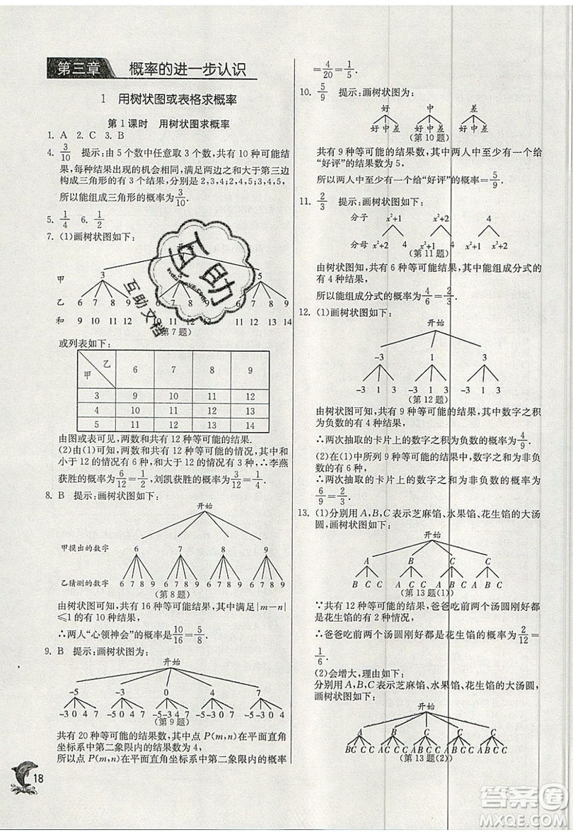 江蘇人民出版社春雨教育2019秋實(shí)驗(yàn)班提優(yōu)訓(xùn)練九年級數(shù)學(xué)上冊BSD北師大版參考答案