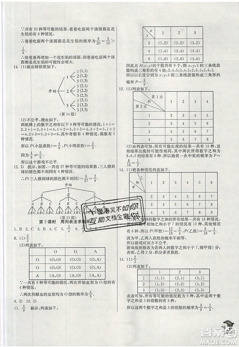 江蘇人民出版社春雨教育2019秋實(shí)驗(yàn)班提優(yōu)訓(xùn)練九年級數(shù)學(xué)上冊BSD北師大版參考答案