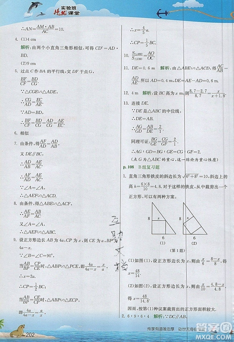 江蘇人民出版社2019春雨教育實驗班提優(yōu)課堂數(shù)學九年級上冊SHKJ滬科版參考答案