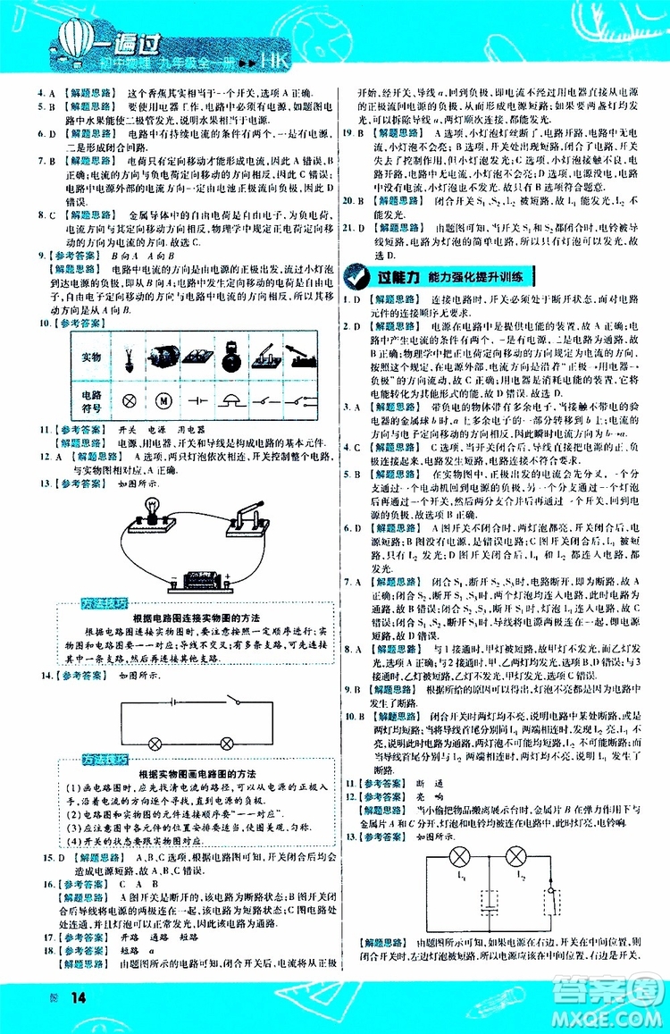 2020版一遍過(guò)九年級(jí)全一冊(cè)物理HK滬科版參考答案