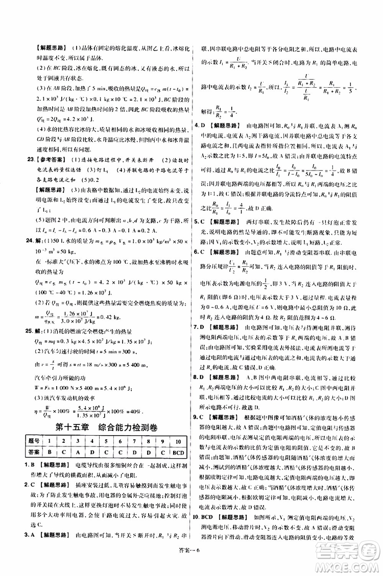 2020版一遍過單元綜合能力檢測(cè)卷九年級(jí)全一冊(cè)物理HK滬科版參考答案