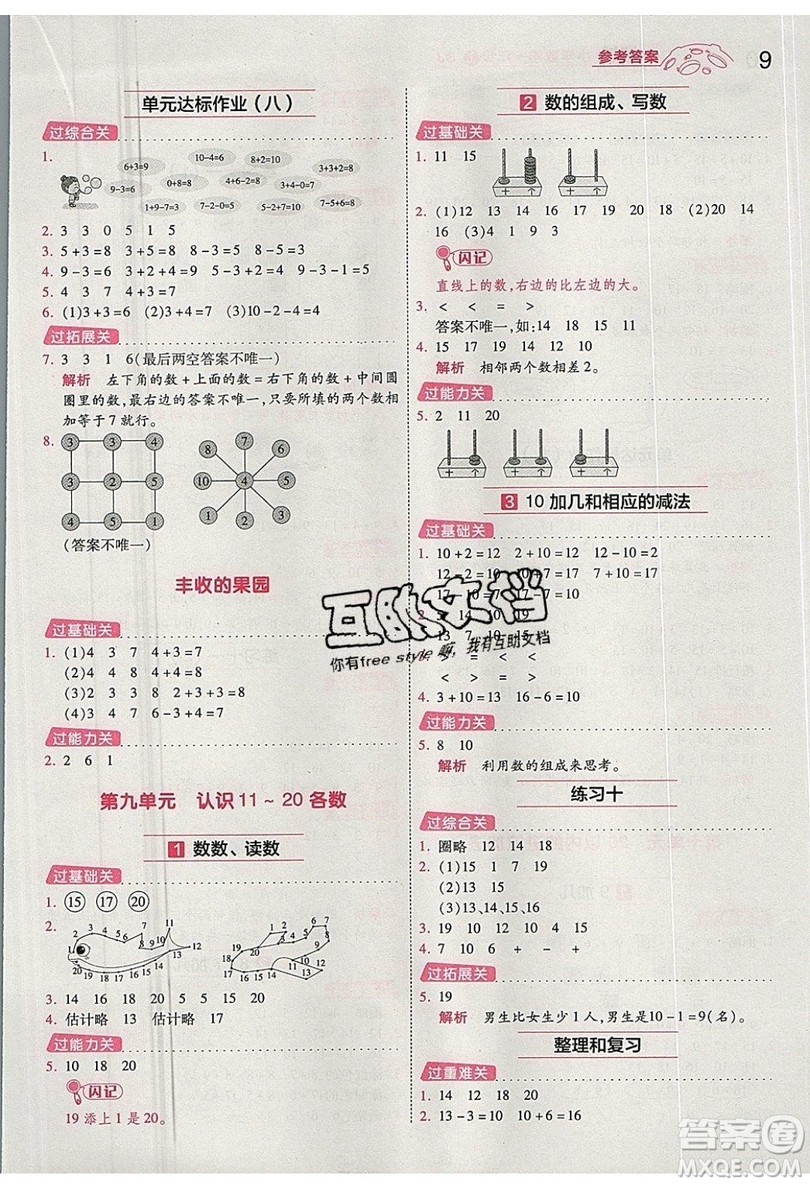 南京師范大學(xué)出版社天星教育2019一遍過(guò)小學(xué)數(shù)學(xué)一年級(jí)上冊(cè)蘇教SJ版參考答案