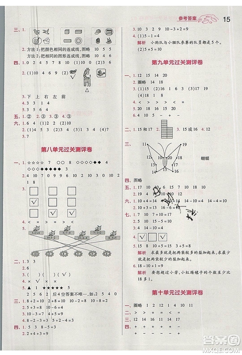 南京師范大學(xué)出版社天星教育2019一遍過(guò)小學(xué)數(shù)學(xué)一年級(jí)上冊(cè)蘇教SJ版參考答案