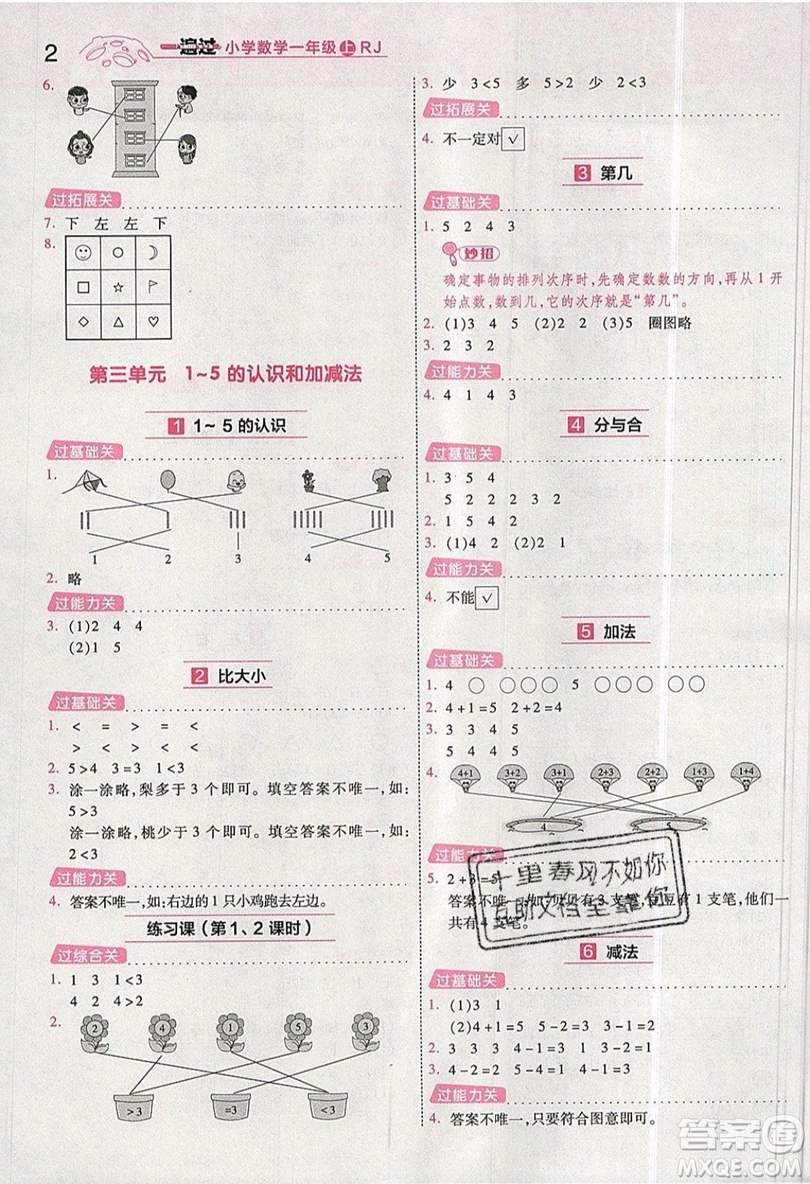 南京師范大學(xué)出版社天星教育2019一遍過小學(xué)數(shù)學(xué)一年級(jí)上冊(cè)RJ人教版參考答案