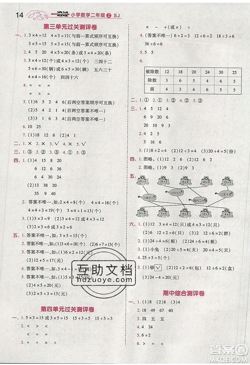 南京師范大學(xué)出版社天星教育2019一遍過小學(xué)數(shù)學(xué)二年級上冊蘇教SJ版參考答案